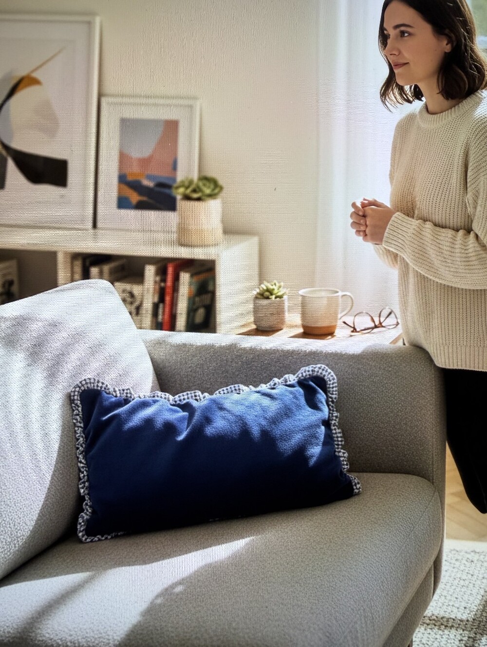 Navy Velvet Accent Pillow, with Welt and Plaid Ruffle Trim